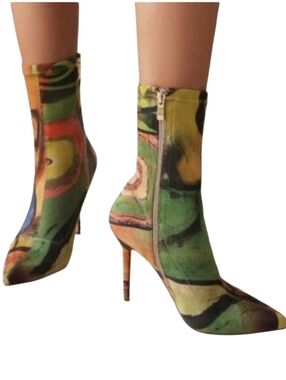 Vivianly Pointy Toe Stiletto Heels Printed Sock Ankle Booties